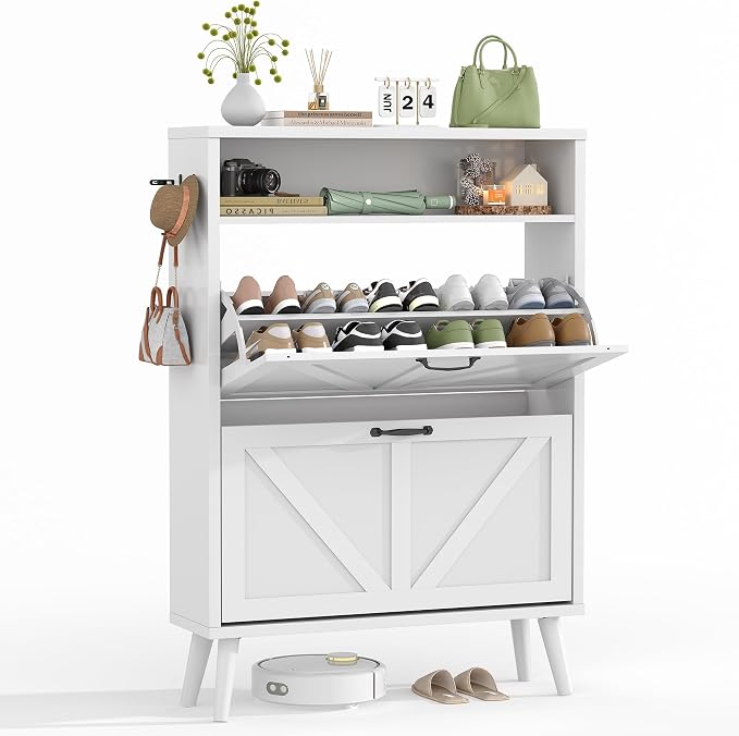 Shoe Storage Cabinet with 2 Flip Drawers for Entryway,White | Narrow Shoe Storage Organizer Rack, Hidden Shoe Cabinet with Adjustable Shelves for Entryway, Hallway, Living Room