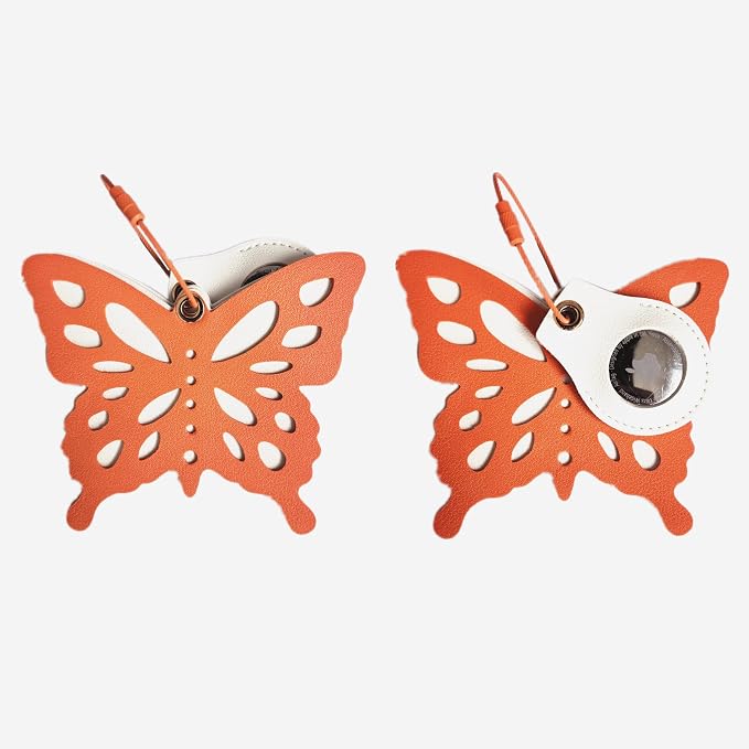 PU Leather Luggage Tag with Airtag Holder Case Set and Name ID Label | Hidden Compartment for AirTag Travel Suitcase Tracking Case with Stainless Steel Loop,Cute Fruit Plant Styles,Butterfly