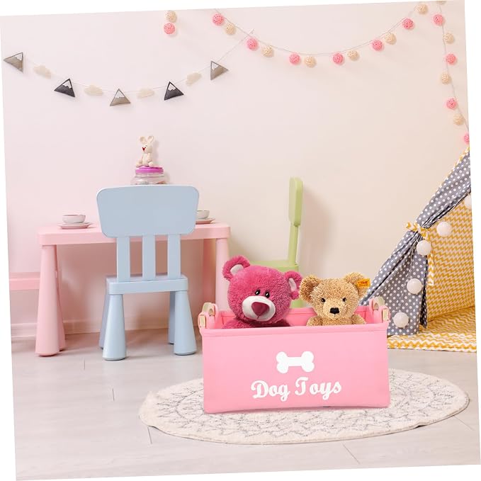 UKCOCO Pink Felt Pet Storage Box with Wooden Handles Large Square Organizer for Dog and Sundries Lightweight and Portable Household Basket for Home and Utility
