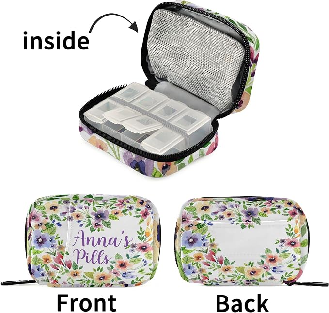 Custom Pill Box 7 Day Pill Case Bag Watercolor Spring Flowers Personalized Name Travel Pill Organizer Bag with Zipper Portable Weekly Case Compact Size for Vitamin Supplement Holder