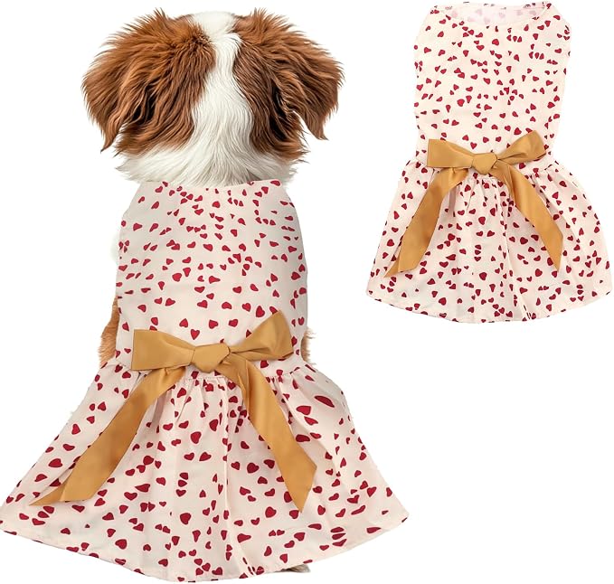 Dog Costume Dress M, Cream White with Red Heart Print Golden Bow, Glitter Heart Pet Outfit for 8-9 lbs Dogs and Cats, Romantic Holiday Clothing