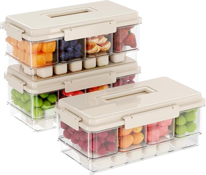 3Pack Ice Chilled Condiment Caddy with 4 Removable Containers Taco Ingredient Server with Lid Cooled Garnish Caddy Tray for Taco Mimosa Bar Sauce Fruits&Veggies Beige