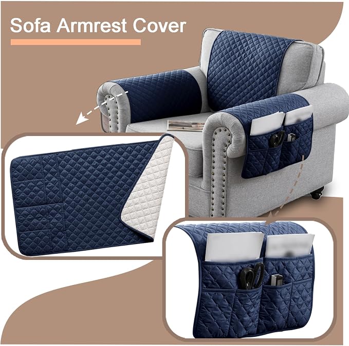 Water-Resistant Sofa Armrest and Headrest Covers with Side Pocket | Keep remotes close quilted polyester helps guard against wear, pet scratches, and kids' messes silicone backing adds grip