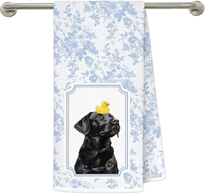 Blue and White Chinoiserie Black Labrador Retriever Bathroom Hand Towels 16x24 in, Black Lab Gifts, Grandmillennial Blue Toile De Jouy Floral Lab Dog Decorative Kitchen Hand Dish Towels