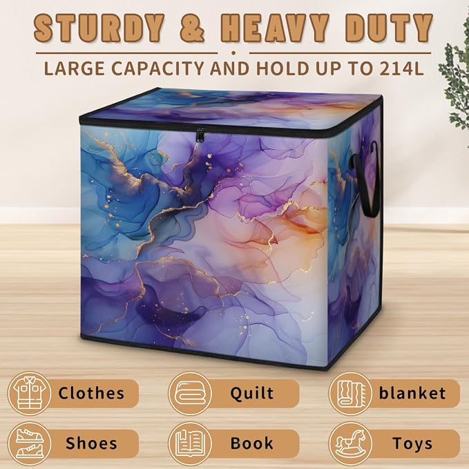 Purple Blue and Gold Marble Large Storage Bags, Fabric Bed Storage Containers, Foldable Closet Organizers for Blanket, Clothing, Comforter, Bedding, Abstract Modern