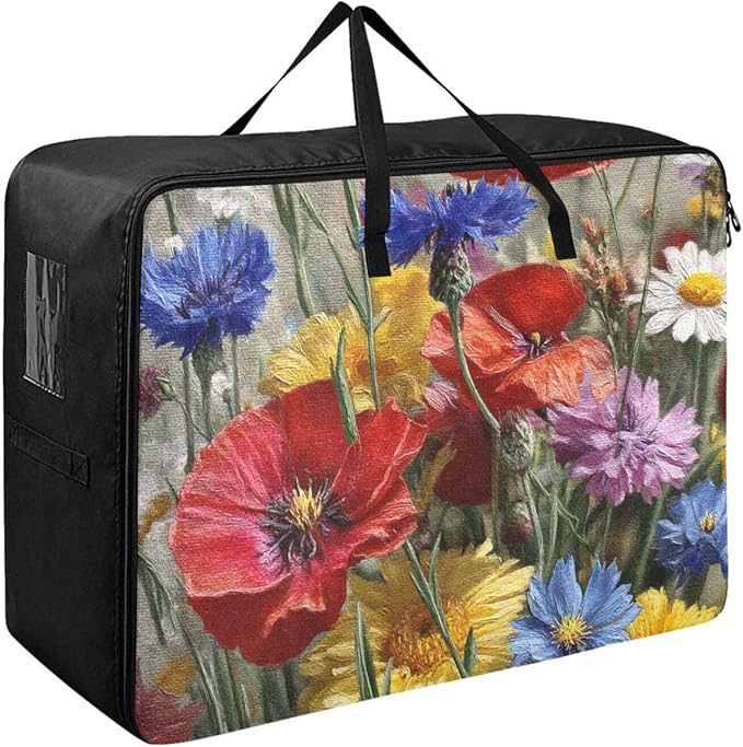 Comforter Storage Bags Large Folding Blanket Organizer Bag with Strong Handles Clear Window Closet Storage Containers for Clothes King Queen Pillows Bedding Quilt Duvet Cornflower Poppy Daisy