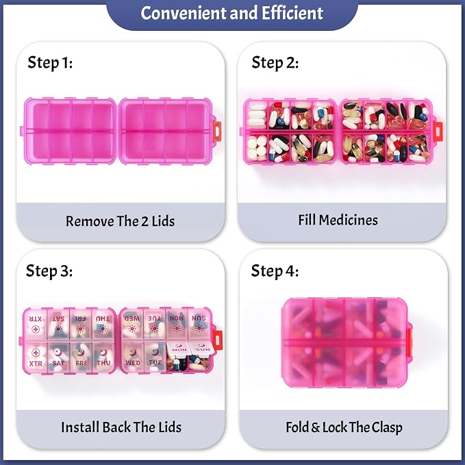 Foldable Weekly Pill Organizer 2 Times a Day with 2 Extra Compartments - Etched Labels - Portable 7 Day AM PM Medicine Box, Week Daily Travel Pill Case Holder for Meds, Vitamin, Supplement -Clear Pink