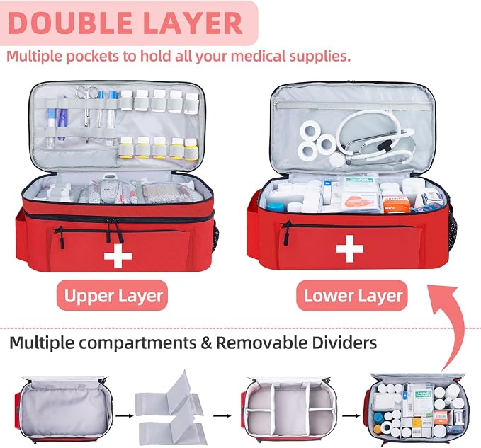 First Aid Bag Empty Large 2 Layer Medical Bag with Shoulder Strap 16”x 9½” x 7” Medicine Organizer Box Travel First Aid kit Emergency Supplies Storage Bag for Car, Home, Office, Outdoor (Red)