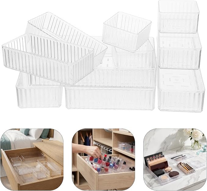 10pcs Pet Makeup Jewelry Organizer Drawer Trays with 4 Sizes, Flexible Divider System and Stackable Design for Bathroom Counter and Vanity Storage