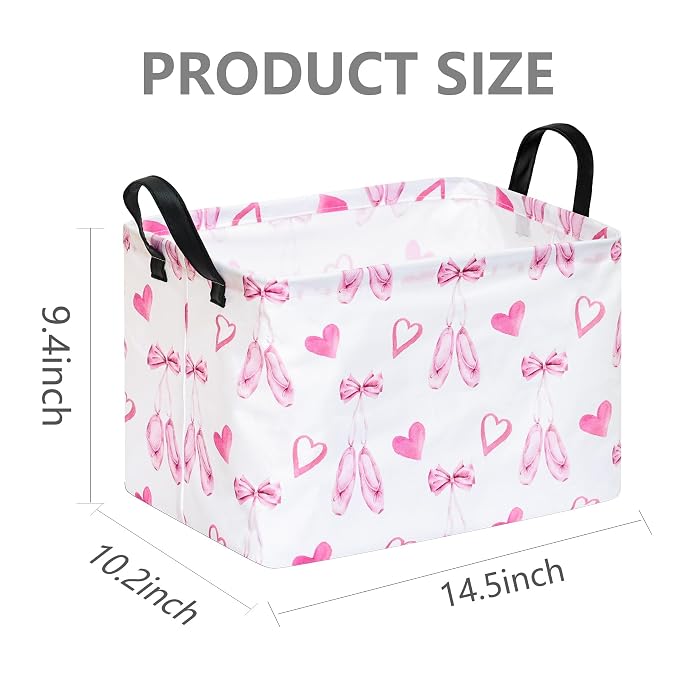Pink Bow and Heart Storage Basket,Foldable Girls Room Toy Bin with Handles | Foldable basket with coated lining and leather handles for toys,laundry,gifts and girls room organization