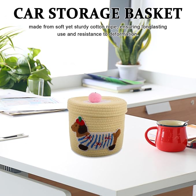 Unomor Cute Puppy Basket Car Storage Bin with Lid, Woven Cotton Rope Organizer for Dog and Pet Supplies, Dustproof Yellow Cover 22x19cm for Vehicle Interior
