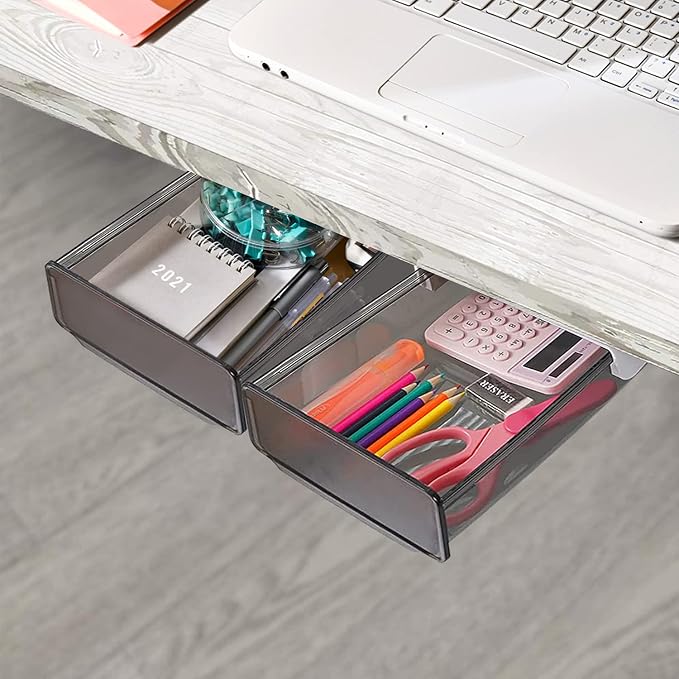 OSPNIEEK Self-adhesive Under Desk Drawer Organizer, 2 Pack Table Hidden Slide Out Large Storage Mounted Desktop Pencil Holder Tray Drawers for Office Home School Stationery Kitchen (Black)