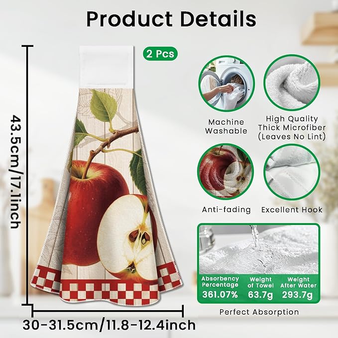 CUTHOLLOW Retro Apples Hanging Kitchen Towels with Loop, Set of 2 - Soft & Super Absorbent Microfiber Decorative Hanging Dish & Hand Towel, Tea, Coffee Towel for Kitchen Bathroom Oven Handle