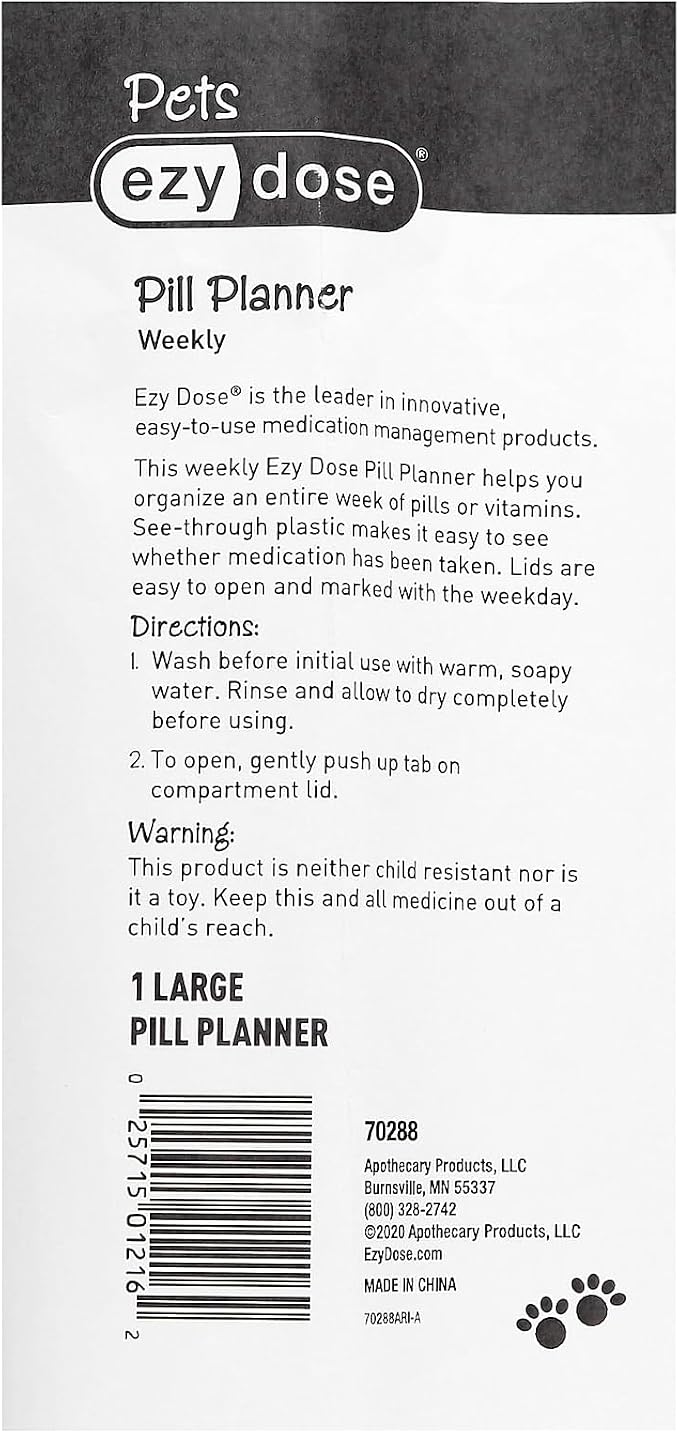 Ezy Dose Pets Weekly 7-Day Pill Organizer for Dogs, Blue, Large | Medicine Planner, Vitamin Organizer Box for Dogs, Easy to Use, Transparent Lids, Convenient for Treats