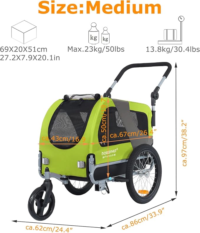 DOGGYHUT® Premium M Pet Bike Trailer & Stroller Up to 50 lbs (Lime Green) | Bicycle Trailer for Small or Medium Dogs, Dog Bicycle Carrier, Low Center of Gravity, Folding Frame Cart