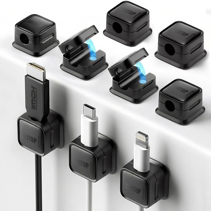 9 Pack Cord Organizer, Magnetic Cable Clips, Under Desk Management, Black | 0.27in Cable Compatible,Strong Adheive Wire Holder Keeper,Easy Open Phone Charger Holder for Home Car Desk Nightstand Office