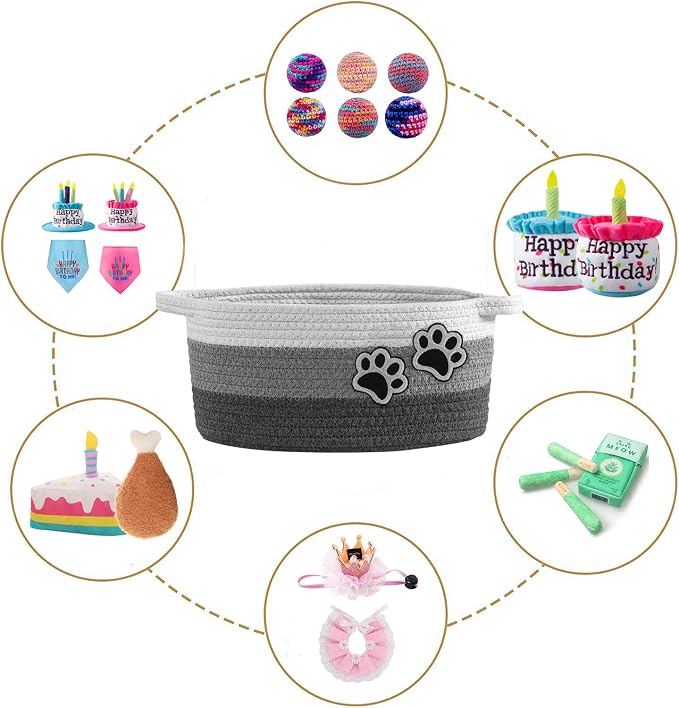 Small Woven Cotton Rope Nursery Organizer Bins, Dog Toy Basket Bins with Handle, Cute Empty Pet Gift Storage Baskets with Paw