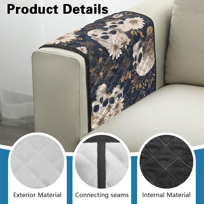 Skull Daisy Stretch Sofa Armrest Covers Arm Cover for Chairs Anti-Slip Couch Armrest Covers with 2 Pockets Furniture Armrests Protector for Sofa Couch Chair Recliner