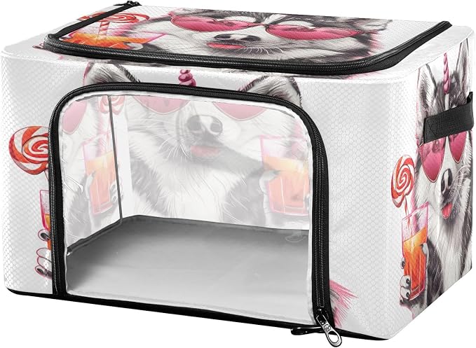 Foldable Storage Bin Dog with Glass Of Juice Sturdy Under Bed Storage Container with Clear Window and Handle