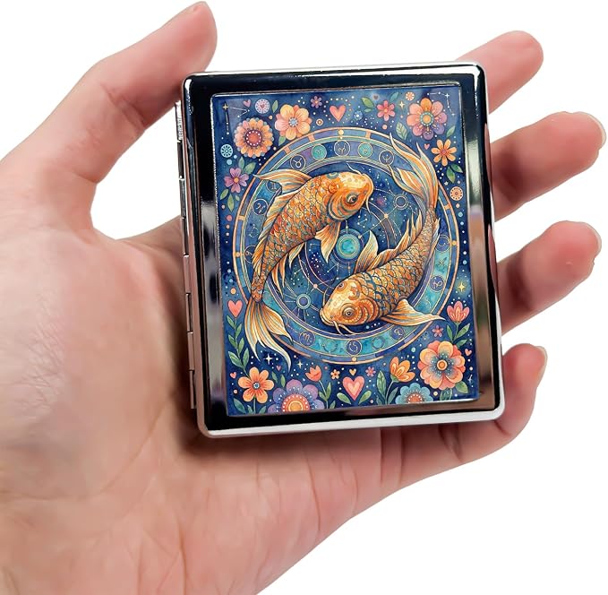 Weekly Pill Organizer, Metal Pill Box with 8 Compartments, Small Travel Pill Case for Purse Pocket, Medicine Vitamin Supplement Organizer (Zodiac Koi)