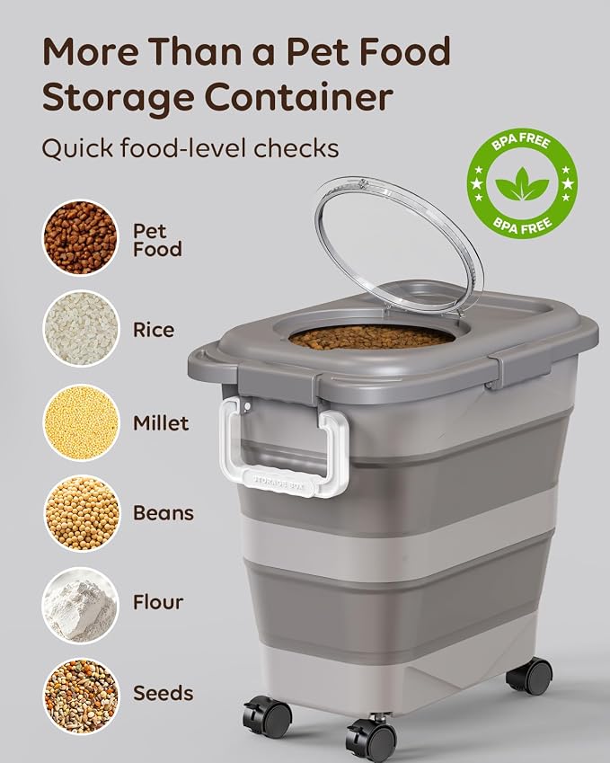 Collapsible Dog Food Container for 10-25 lbs, Airtight Storage Bin | Magnetic Clear Lid with Scoop & Wheels, Space-Saving Design for Dog & Cat Kibble, Rice, Flour, Khaki