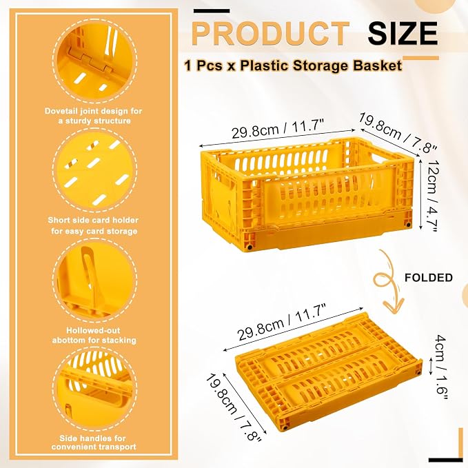 uxcell Collapsible Crates, 11.7x7.8x4.7 Stackable Plastic Storage Baskets with Handle Small Storage Containers for Bedroom Office Classroom Bathroom Desktop Organizer Decor, Soft Yellow