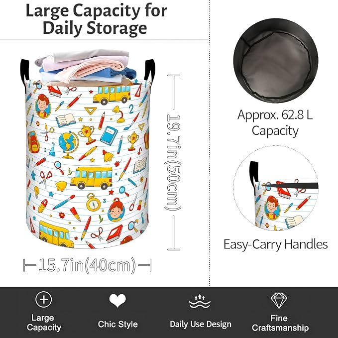 Study Supply Laundry Basket, Cute Cartoon Foldable Oxford Cloth, Waterproof Dirty Clothes Hamper with Handles, Clothing Storage Bin Toy Organizer for Bedroom Dorm Bathroom, 19.7"x15.7"