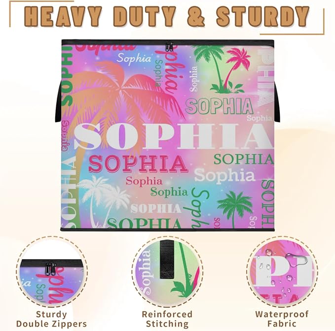 Custom Comforters Storage Basket with Lid, Personalized Name Pink Green Tropical Palm Trees Large Organizer Bin for Pet/Children Toys, Clothes, Perfect for Rooms/Playroom, Colorful Pink Galaxy