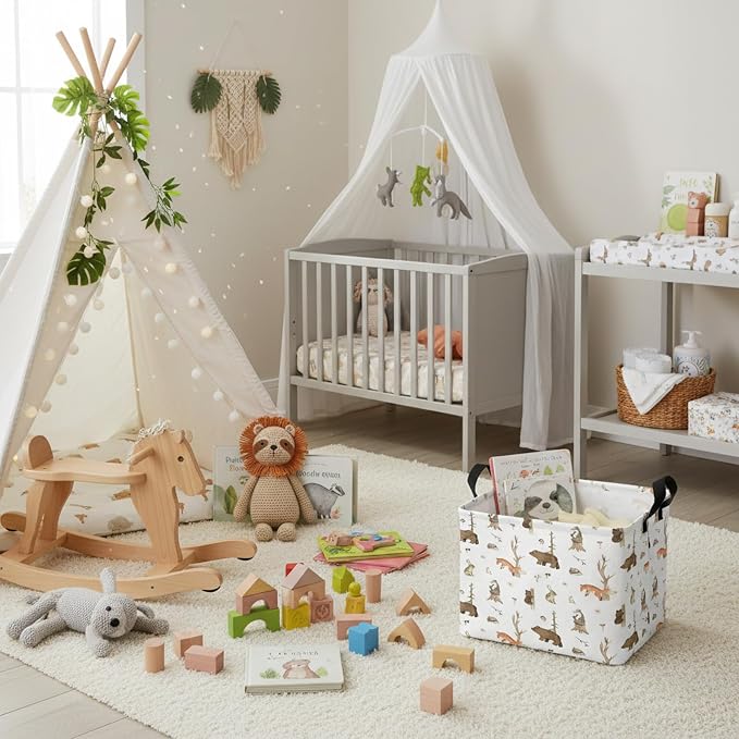 Kid Storage Basket Bear Deer Jungle Decor | Cute Nursery, Baby Toy Clothes Storage Bin, Playroom Bedroom Decor