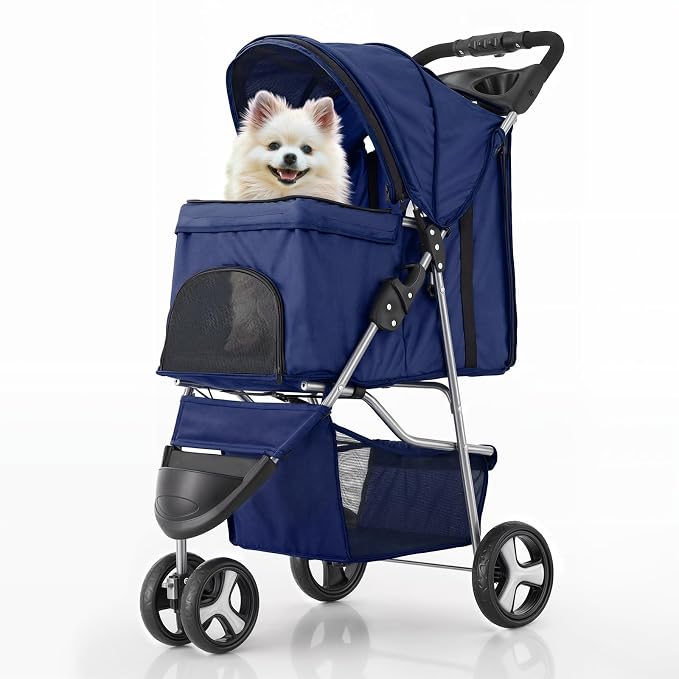 MoNiBloom Pet Stroller for Small/Medium Dogs and Cats up to 33 lbs, Blue | Foldable Dog Stroller 3 Wheels Pet Strolling Cart w/ Storage Basket Cup Holder, Breathable and Visible Mesh for All-Season