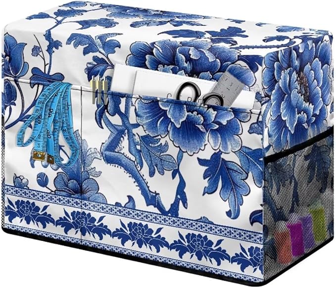Blue White Floral Print Sewing Machine Cover with Storage Pockets,Dust & Pet Hair Protection,Fits Standard Singer, Brother and Janome Machines, Protecting & Decorating Your Sewing Space