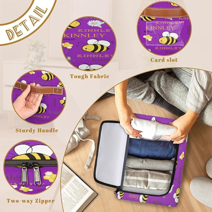 Custom Storage Baskets for Kids with Name, Dark Violet Purple Large Organizer Collapsible Storage Bin with Zipper Lid Leather Handle for Home Toys Closet Nursery, Bee with Daisy Floral