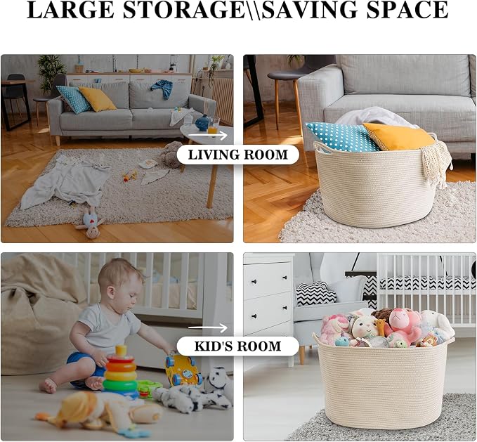 Maliton Woven Rope Blanket Basket Living Room, Storage Basket for Toy, 90L | 22"x14" Cotton Rope Basket. Holds Blankets, Toys & Towels & Laundry. For Bedroom, Nursery, Bath & Playroom. Soft & Durable