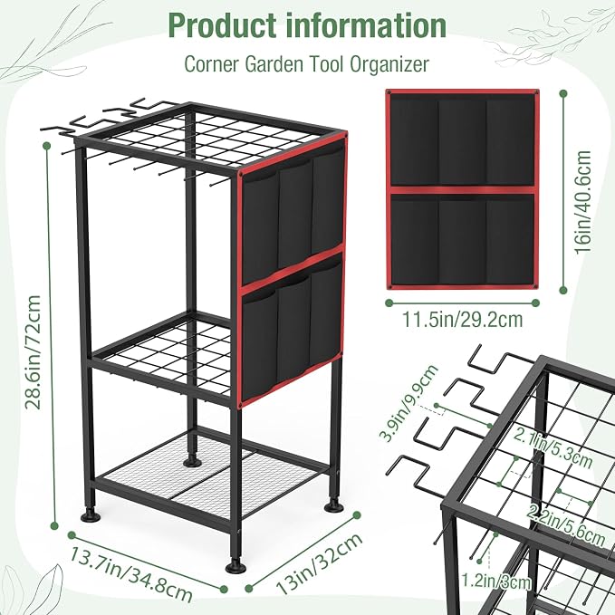 Garden Tool Organizer,Metal Yard Tool Organizer ,Holds 50 Long-Handled Tools/Rakes/Brooms,Side Garden Pocket ,Heavy Duty Steel Yard Tool Storage Rack for Garage,Shed, Outdoor