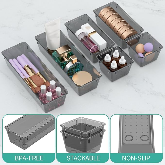 6 Pack Clear Drawer Organizer Set, Drawer Storage Trays, Storage Bins | Acrylic Drawer Storage Trays, Storage Bins for Makeup, Cosmetics, Jewelries, Utensils, Gadgets, Office