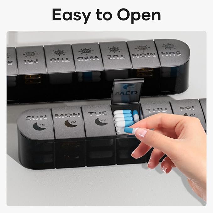 Weekly Pill Organizer 2 Times a Day, Travel Medicine Pill Organizer, Pill Box Case 7 Day AM PM BPA-Free, Pill Container for Vitamins, Fish Oil, Supplements and Medication, Black