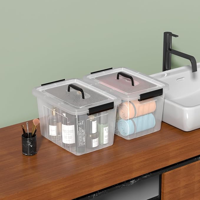 12 Quart Plastic Clear Storage Latching Bins with Lids, 6 Packs | Stackable Plastic Containers with Handles for Organization