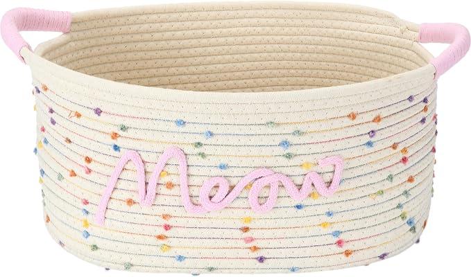 Sea Team Cat Toy Storage Basket with Handles, Rainbow Meow | Large Cotton Rope Storage Bin, Shelf Basket, Organizer for Pet Chew Toys, Foods, 16.5 x 11 x 7 Inches, 4.4 Gallons