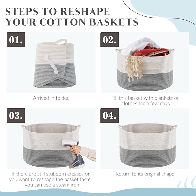 XXXLarge Blanket Basket Living Room - 22" x 22" x 14" Cotton Rope Baskets for Storage - Large Woven Basket for Toys, Towels, Pillows, Clothes- Rope Laundry Basket with Handles - Nursery Hamper Bin