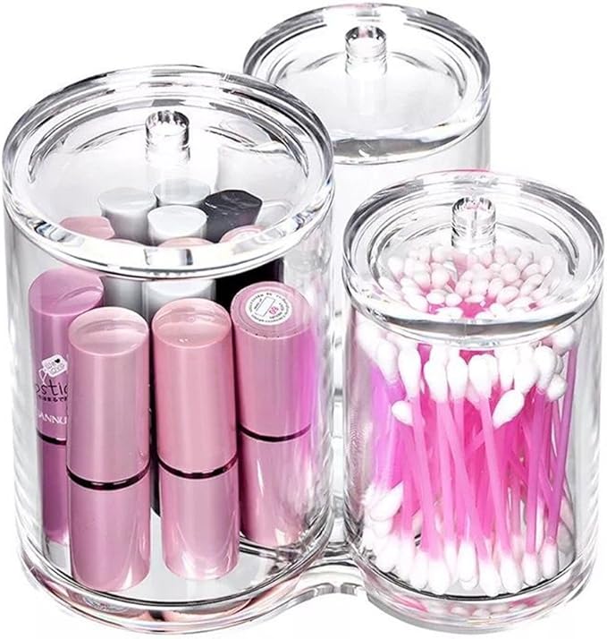 Hipiwe Clear Acrylic Cotton Swab Holder Cotton Round Container, 3 Slots | Cotton Pad and Ball Q-tip Organizer Case for Makeup Brush, Bathroom Apothecary Jar with Lid