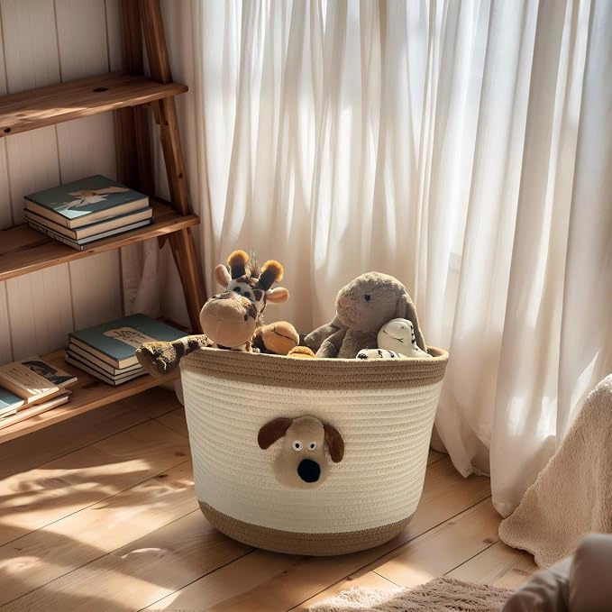 Bellar Kids Cute Animal Toy Basket,Medium Woven Storage Baskets For Children Toys & Baby Hamper Laundry,Cute Dog Decorative Organize For Children's Room 13"x10"