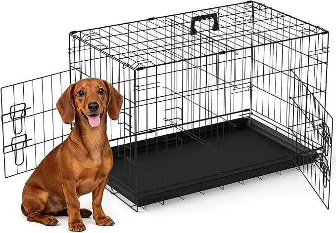 FDW | 30" Foldable Metal Dog Crate | Black | Cage for Medium Dogs | Heavy Duty, Portable Wire Kennel with Double Door, Divider & Leak-Proof Tray | For Training, Home, Travel Indoor/Outdoor Use