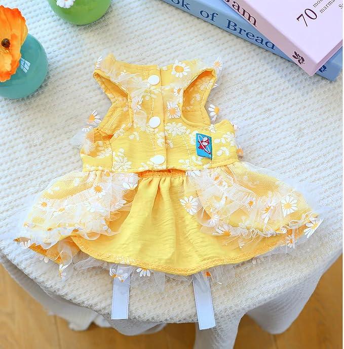 Yellow Small Dog Dress Female with Daisy Pattern Sleeveless Puppy Clothes for Girl Dog Outfit Bow Knot Cat Dresses Summer Pet Sundress Holiday Cat Apparel (Yellow, X-Small)