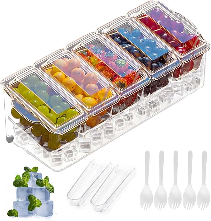 Large Ice Chilled Condiment Caddy，Chilled Condiment Containers Server with Lids for 5 Removable Compartments ，Serving Platters , Fruit & Garnish Tray for Party Supplies & Bar Accessories-Transparent