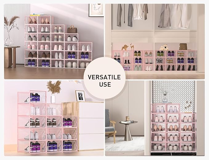 Kuject X-Large Shoe Storage Boxes 12 Pack, Clear Stackable Shoe Organizer | Shoe Case for Closet, Entryway & Under-Bed Storage, Drop-Front Design, Space-Saving Solution for Family Organization,Pink