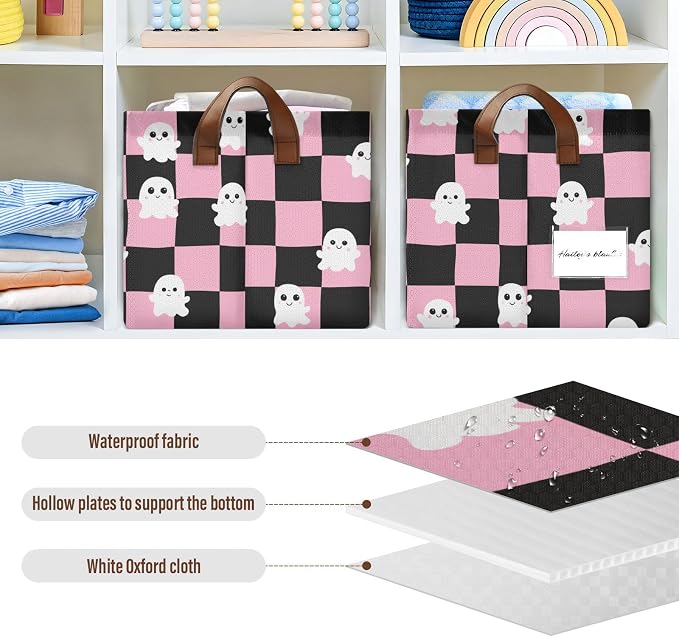 Pink and Black Checkered Ghost Storage Basket Foldable Cube Storage Bins with Handles&Label Waterproof Organizer Box Bin Large Rectangle Decorative Baskets for Shelves Home Room Laundry, 2 Pack