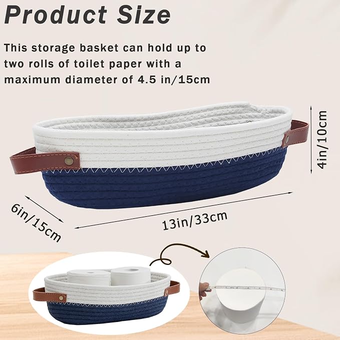 1 Pack Small Woven Storage Basket for Toilet Tank Top, Bathroom Countertop Organizer Cotton Rope Toilet Paper Storage Decorative Basket 13"x6"x4"(Navy/White)