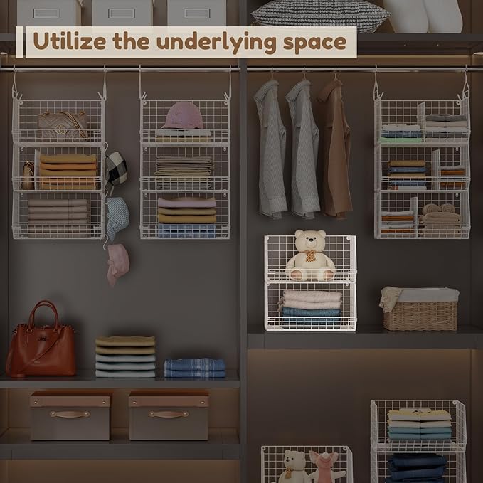 4 Tier Extra Large Hanging Closet Organizer ,Closet Organizer Hanging with 5 S Hooks 4 Dividers,Clothes Organizer Clothing Sweaters Clutches Handbags Hats Accessories-White