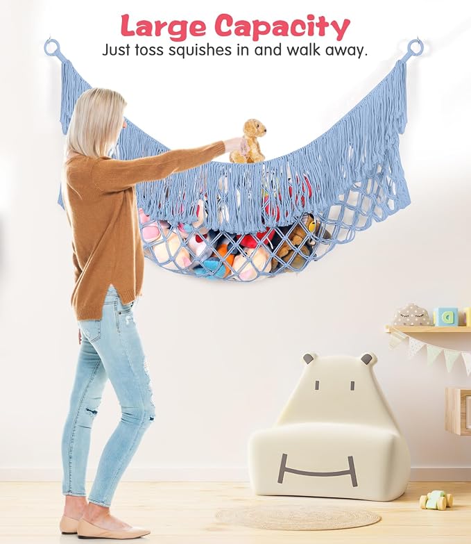 Stuffed Animal Hammock - Extra Large 63'' Long (Light blue) | Premium Cotton Hand-knitted, Beautiful Long Tassel, Storage Hanging Organizer, Can Fit Stuffed Animals 40 Piece or More