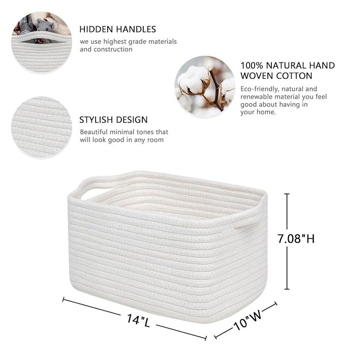 CubesLand Woven Rope Storage Basket for Laundry, Toys Organizing, Nursery | Organizer Basket for Book Clothes Shoes Bedroom Home & Living Room Decor, with Durable Handle, Rectangular 14x10x7.08IN White